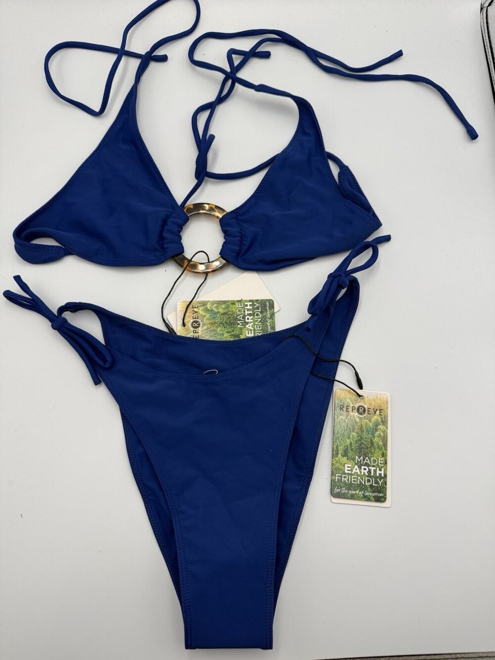 NWT Bamba Swim Kai Bikini Set Indigo Blue Tortoise Ring Top XS Side Tie Bottom S